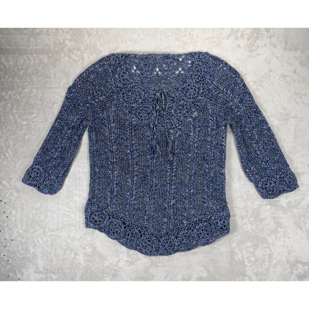 Crochet Knit Sweater Top Blue Marled Boho Tie Neck 3/4 Sleeve Open Knit